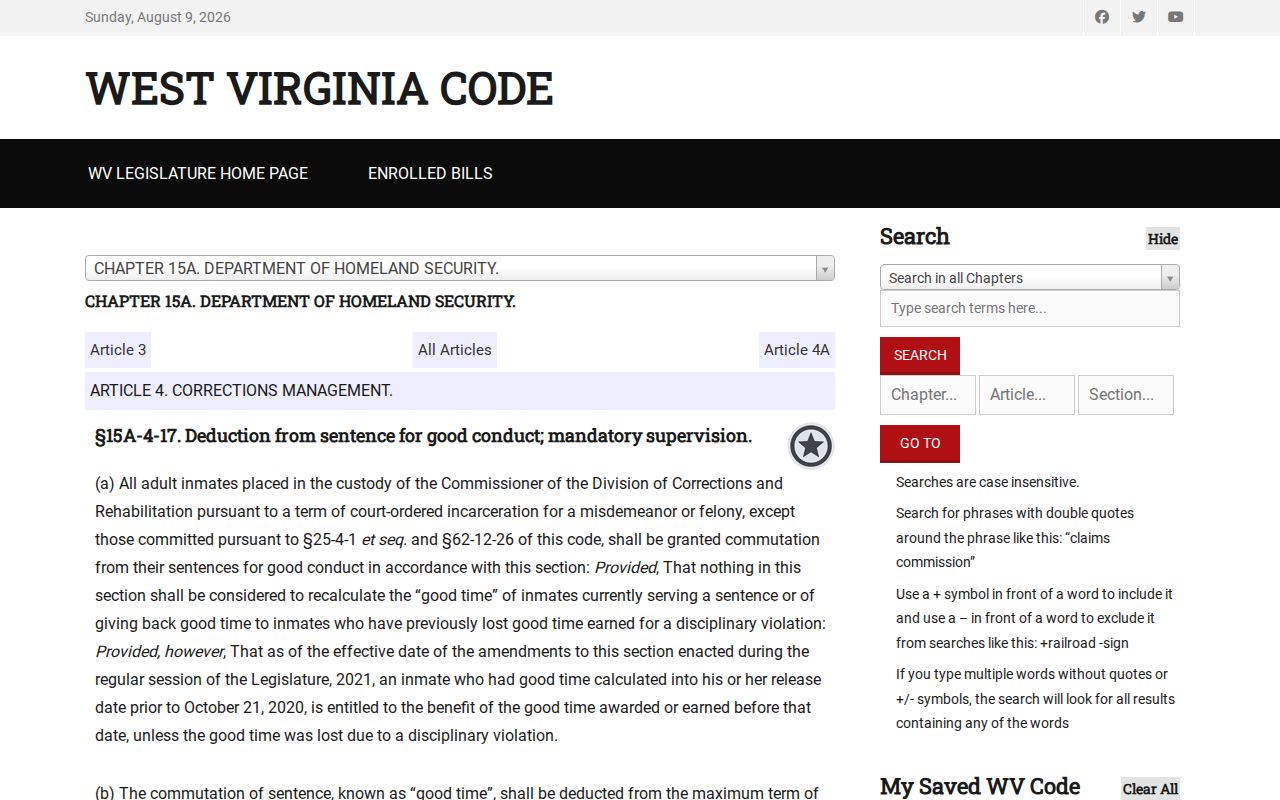 West Virginia good-time law for a Mingo County projected release date